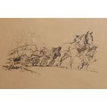 Norman L. Booth - Pen and ink study of a Shirehorse team pulling logs, signed and dated 1935, framed