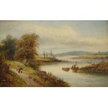 W. Ellis - Oil on canvas - Two figures on a river bank, within a gilt frame, 25cm x 40cm Condition: