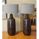 Pair of modern pottery table lamps with shades, overall height 57cm Condition: