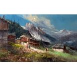 1960's period oil on canvas - Alpine scene with chalets and figures, framed, indistinctly signed,