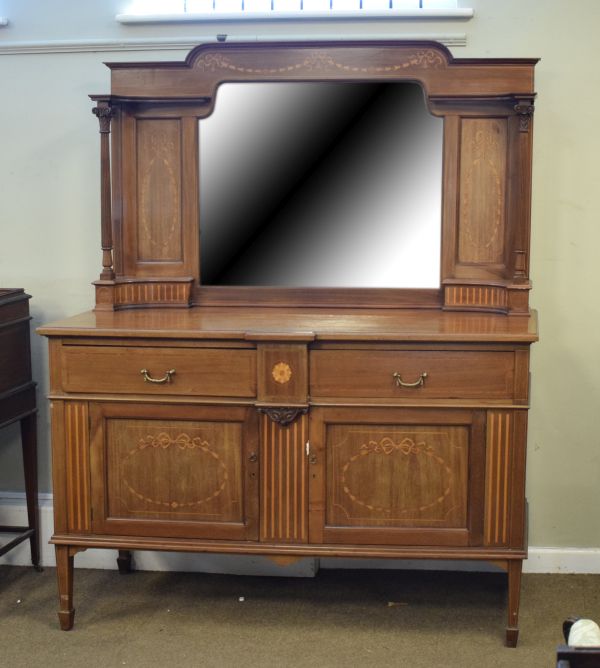 Early 20th Century mahogany and string inlaid mirror back sideboard fitted two short drawers over