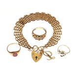 9ct gold gate link bracelet together with two 9ct gold dress rings and one other ring Condition: