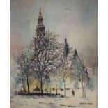 R. Standish Sweeney - Oil on canvas - Winter scene with church, trees and figures, unframed, 50cm