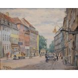 Kai Molter - Danish - Oil on canvas - Four 1960's period Copenhagen street scenes, having gilt