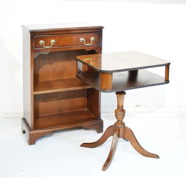 Reproduction mahogany open bookcase fitted one shelf and a reproduction mahogany two tier occasional