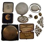 Circular silver compact, snap bangle, locket and a small quantity of interesting miscellanea