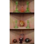 Quantity of decorative coloured glass including carnival glass, Bohemian cased squat ruby coloured