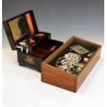 Quantity of costume jewellery, buckles etc together with a lacquered jewellery box and a mahogany