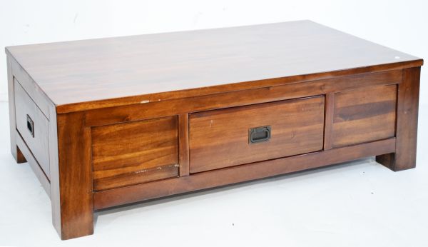 Reproduction mahogany finish rectangular coffee table fitted one drawer with plate glass top