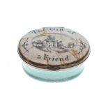 Late 18th/early 19th Century Staffordshire enamel oval patch box, the hinged cover with painted