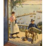 Coloured print - The Blue Boat, Newlyn, after Harold Harvey together with another coloured print -
