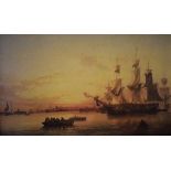 Coloured print - Seascape with sailing vessels and rowing boats, framed Condition: