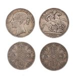 Coins - Two Victorian crowns 1845 and 1892, together with two double florins 1890 Condition: