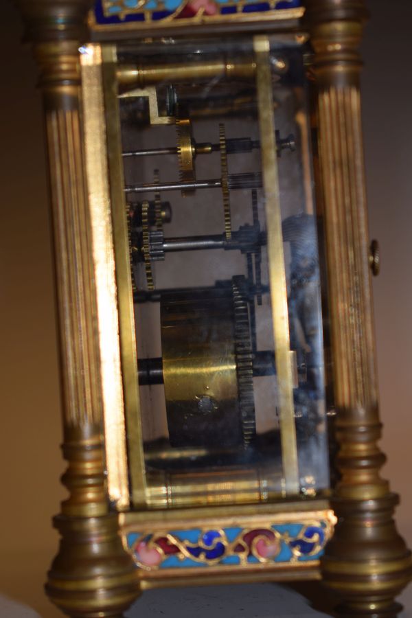 Late 19th Century French brass and enamel cased carriage clock, the case with a reeded pillar to - Image 3 of 9