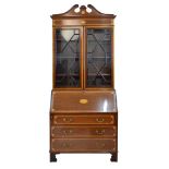 Edwardian inlaid and satinwood crossbanded mahogany bureau bookcase, the upper section fitted swan