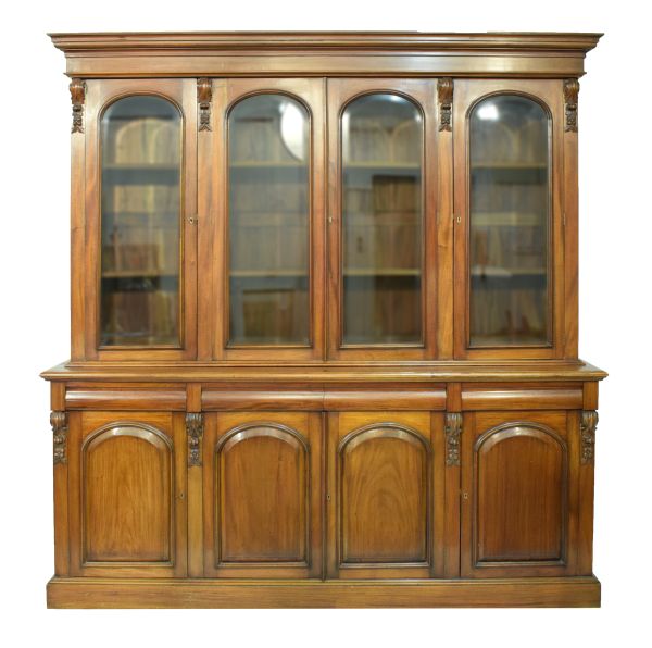 Reproduction Victorian style hardwood two section library bookcase, the upper section fitted moulded