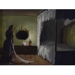 Deborah Jones (1921-2012) - Oil on board - Interior with a lady standing beside a four poster bed,