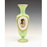 Late 19th Century French pale green and white opaque glass baluster shaped vase having a painted and