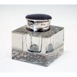 Edward VII square glass inkwell, the silver hinged cover containing a timepiece, hallmarks for