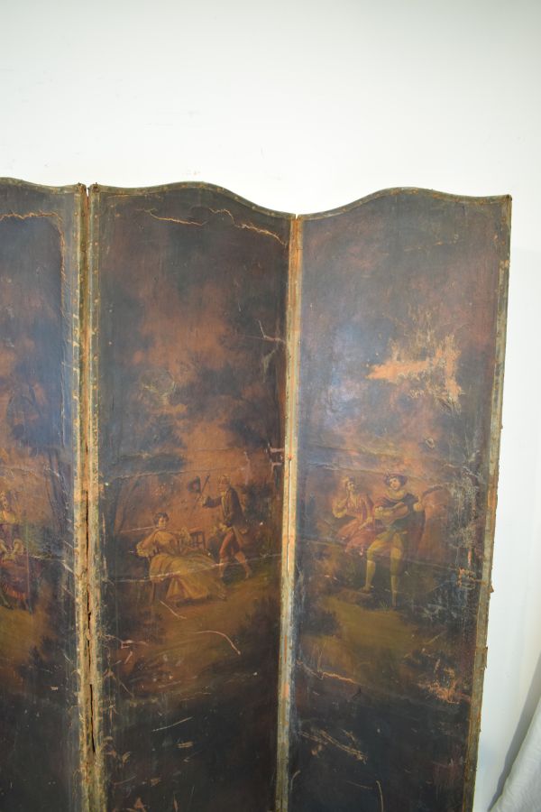 19th Century Continental painted leather single sided four fold screen, each section decorated - Image 4 of 8