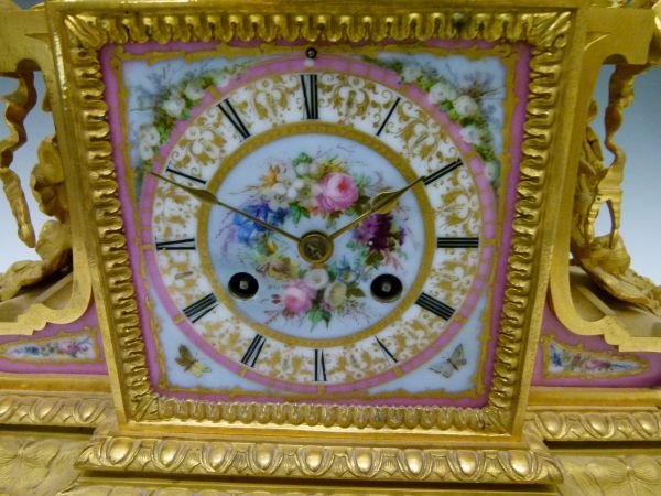 19th Century French ormolu and Sevres style garniture de cheminee, the clock with applied foliate, - Image 3 of 7