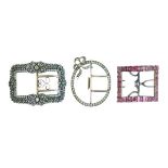 George III Artois style unmarked white metal buckle set pink foil back imitation gems, 56mm wide,