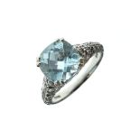 Aquamarine and diamond 18ct white gold dress ring, the facetted aquamarine to an American style