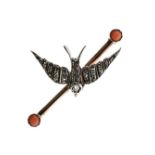 Rose diamond set swallow bar brooch, with coral terminals, 4.7cm long, cased Condition: **General