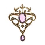 Edwardian amethyst and seed pearl pendant brooch, stamped '9ct', 3cm across, 3.6g gross Condition: