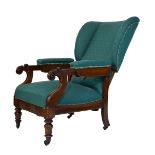 Victorian mahogany wing back reclining drawing room chair having carved scroll arms, integral