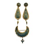 19th Century turquoise demi parure of brooch and drop earrings, possibly of Indian origin, the