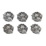 Set of six Art Nouveau design white metal buttons, each decorated with a fairy and flowers,