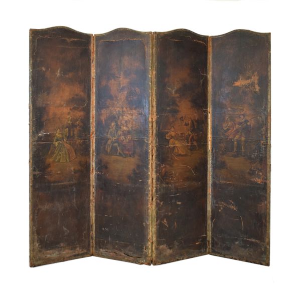 19th Century Continental painted leather single sided four fold screen, each section decorated