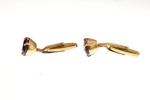 Pair of amethyst cufflinks, stamped '585', 10.1g gross Condition: 11mm x 9mm each, no chips to the - Image 5 of 7