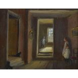 Deborah Jones (1921-2012) - Oil on board - Hide And Seek, being a period interior scene with