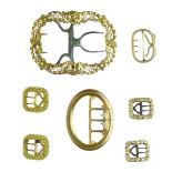 Two pairs of gilt metal square buckles with foliate design borders, 19mm and 20mm wide, a small