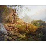 19th Century English School - Oil on canvas - A rocky rural landscape with a man seated beside a