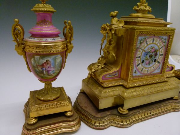 19th Century French ormolu and Sevres style garniture de cheminee, the clock with applied foliate, - Image 2 of 7