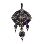 Mid Victorian diamond and blue enamel brooch pendant with a locket back, in original fitted case,