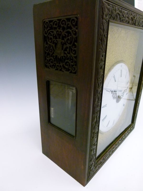 Chinese hardwood cased table clock, the case with glazed and fret carved side panels, sliding - Image 2 of 8