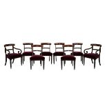 Set of eight William IV mahogany yoke back dining chairs, the seats upholstered in deep red plush