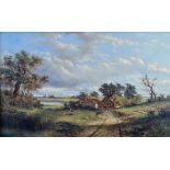 Abraham Hulk Jnr (1851-1922) - Oil on canvas - Rural landscape with a figure outside cottages,