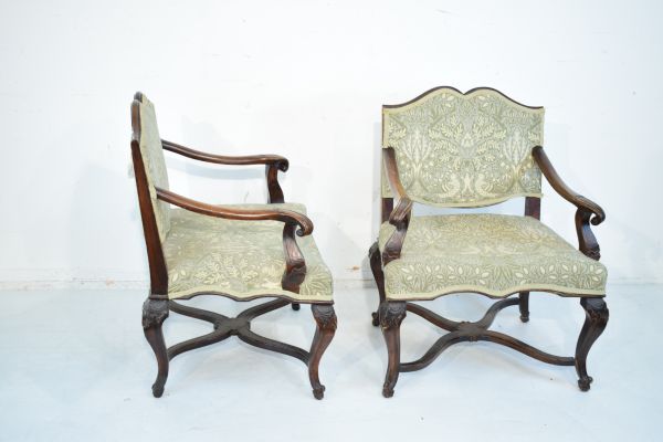 Pair of late 19th Century Continental carved beech and walnut open arm elbow chairs, possibly - Image 4 of 6