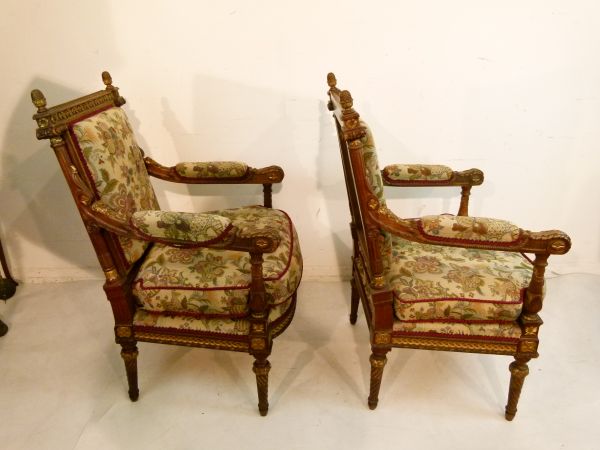 Pair of French carved walnut and giltwood open arm elbow chairs, each upholstered in floral - Image 2 of 7