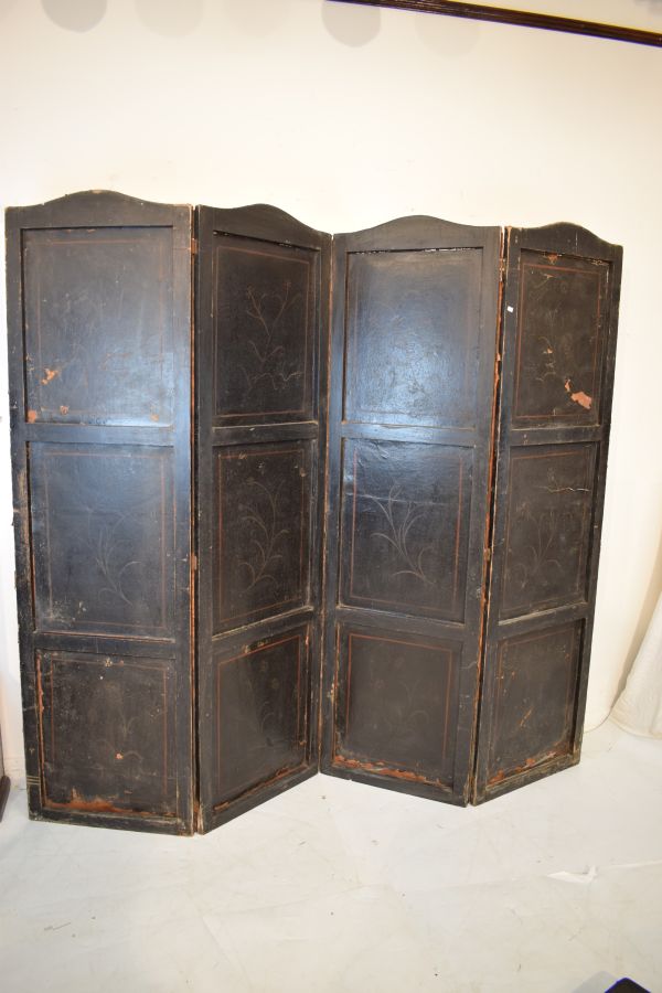 19th Century Continental painted leather single sided four fold screen, each section decorated - Image 6 of 8