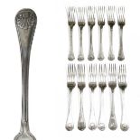 Set of six Victorian silver Old English Shell And Thread pattern table forks, together with a set of