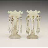 Pair of 19th Century opaque glass lustre drop vases, each having a pale green rim, 21cm high