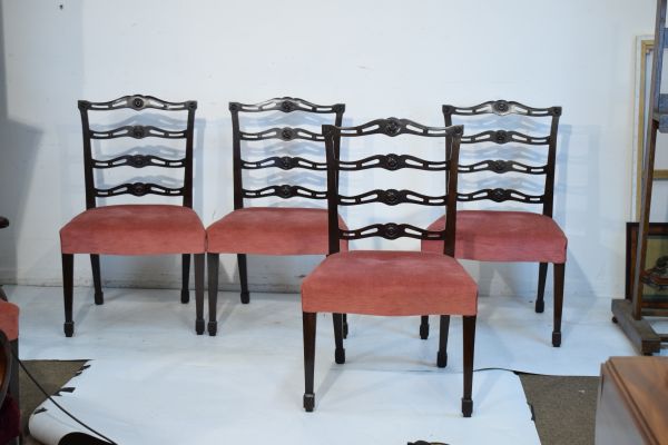 Set of twelve Georgian style mahogany dining chairs, each having a pierced ladder back, wide seat - Image 8 of 8