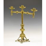 19th Century brass Aesthetic School Gothic Revival candelabra, the branches each set a clear glass