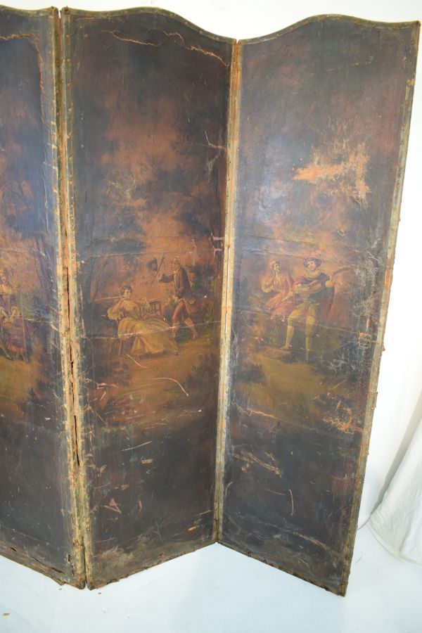 19th Century Continental painted leather single sided four fold screen, each section decorated - Image 5 of 8